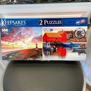 New 2-Puzzle Keepsake Gift Box, 500 Pcs Each Lighthouse Sunrise & Red Barn/Boats